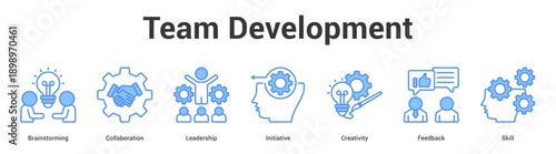 Team Development web banner icon set vector illustration concept for business with icon of Brainstorming, Collaboration, Leadership, Initiative, Creativi.