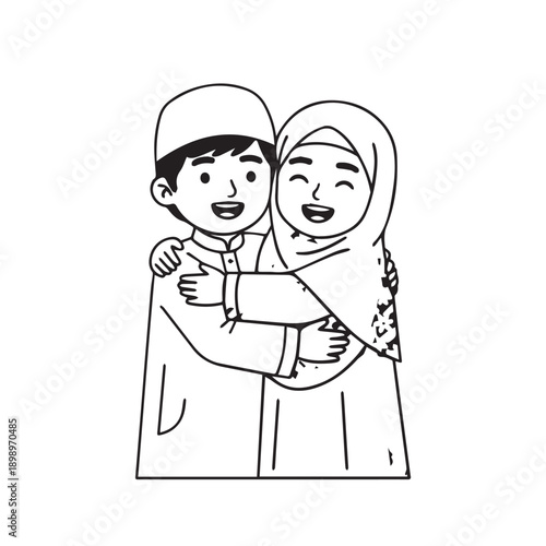 Line drawing of a cheerful couple embracing in traditional attire.