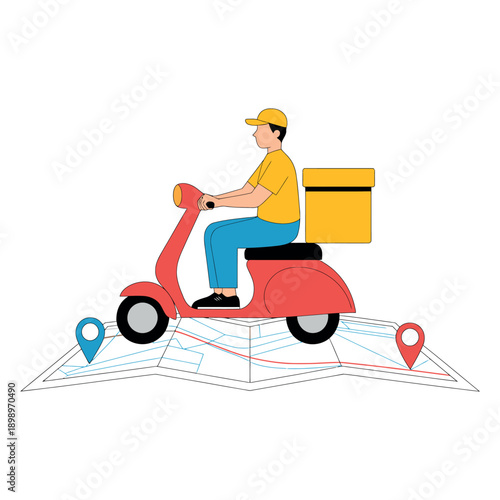 Delivery man riding scooter on map with package