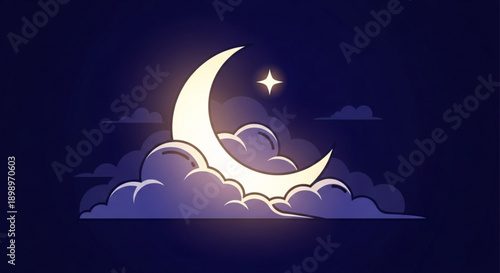 Crescent moon and star shining brightly among clouds at night