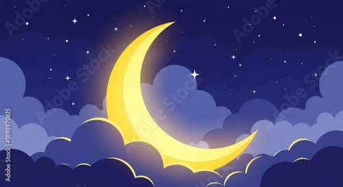 Crescent moon shining brightly among clouds in night sky with stars