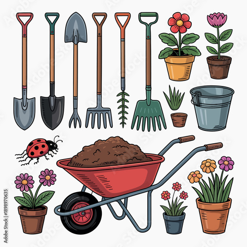 Gardening tools and flowers in wheelbarrow