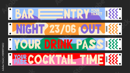 Bar and nightlife ticket bracelets for club entry, drink passes, party access, night events and staff control. Vector cartoon layout of a nightlife wristband in a vibrant futuristic doodle style.