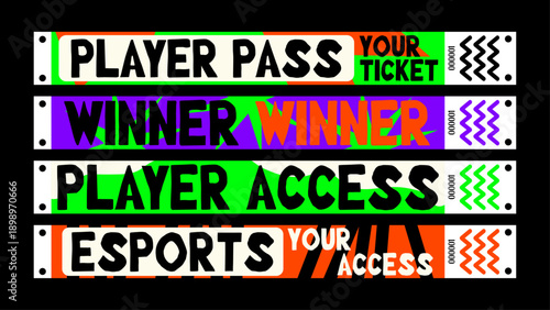 Esports tournament wristbands for players, staff, and fans at gaming events, LAN parties, and competitive matches. Vector cartoon layout of a vibrant doodle futuristic wristband.