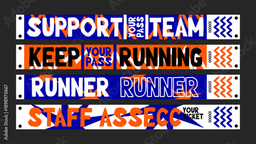Sport event access bracelets for runners, crew, and fans at marathons, city runs, and athletic tournaments. Vector cartoon layout of a dynamic wristband in a colorful doodle futuristic style.
