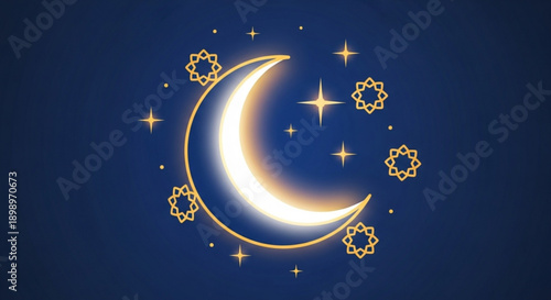 Crescent moon with stars and floral elements in dark blue background
