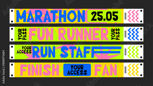 Marathon and running event wristbands for athletes, staff, and supporters at races, sport competitions, and fitness events. Vector cartoon layout of a sporty wristband in a vibrant doodle style.