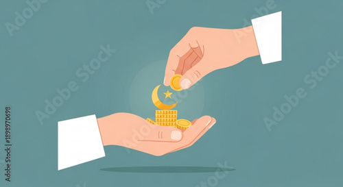 Hands exchanging gold coins and a crescent moon with star symbol
