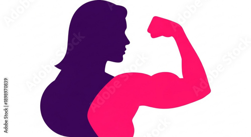 Strong woman silhouette flexing arm in purple and pink colors