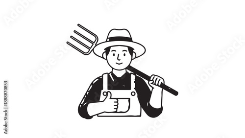 Whimsical farmer in apron holding a mug and fork Illustration.