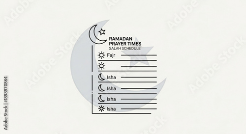 Ramadan prayer times schedule with crescent moon and stars icons