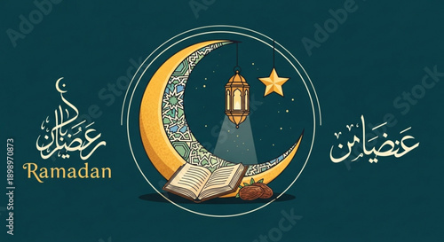 Ramadan greeting with crescent moon lantern and quran on dark