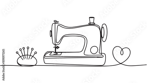 Sewing Machine and Pincushion with Heart - Minimalist Line Art Illustration