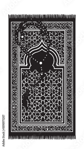 Intricate monochrome prayer rug featuring ornate arch and geometric patterns.