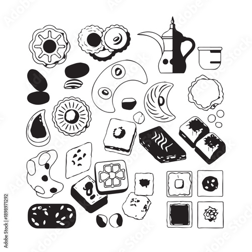 Playful monochrome doodle collage featuring abstract shapes, dices, plates, cups and kitchenware in a decorative grid.