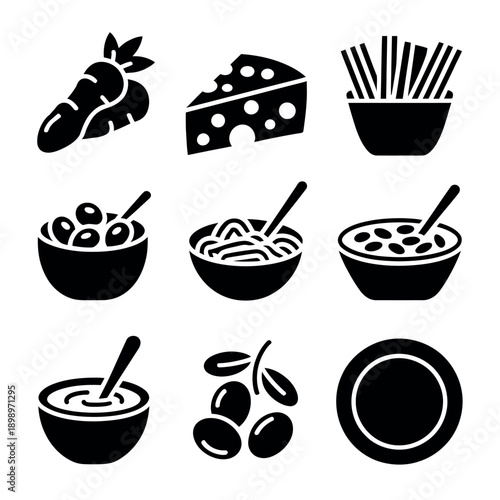 Collection of food icons in black and white style