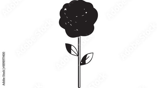 Minimalist black rose silhouette illustration featuring a single stem with leaves and petals.