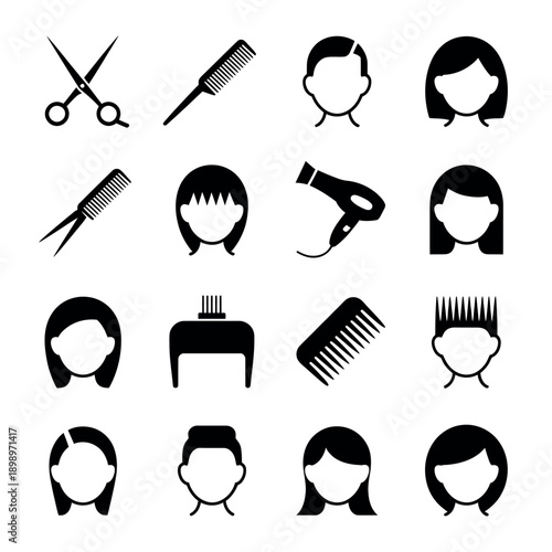 Collection of hairdressing icons for beauty and style