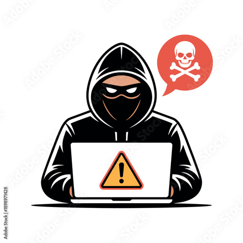 Hacker with laptop and warning sign