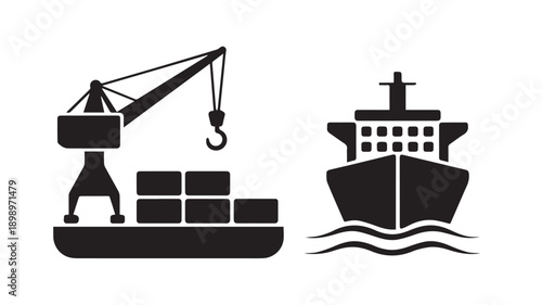 Industrial Shipping and Crane Icons Representing Maritime Logistics and Cargo Handling