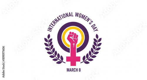 International women's day logo with pink fist and laurel wreath on white background