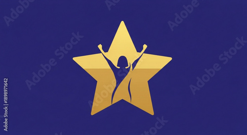 Golden star icon with person celebrating inside on dark blue background symbolizing achievement and success