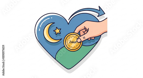 Hand holding zakat coin in front of heart with crescent moon and star charity donation symbol