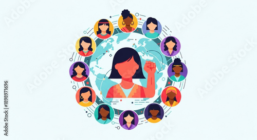 Diverse group of women connected globally through digital technology and social media