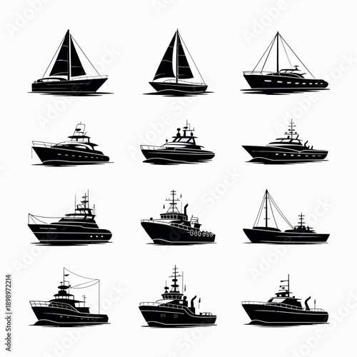 Collection of various luxury yacht and boat silhouettes