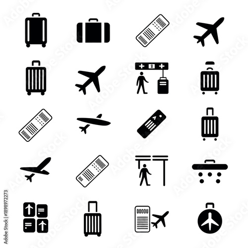 Collection of travel related icons including luggage and airplanes