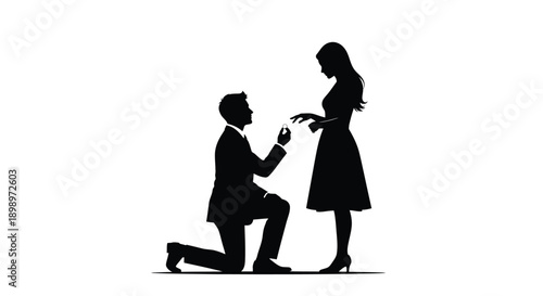A romantic proposal scene depicting a man kneeling before a woman