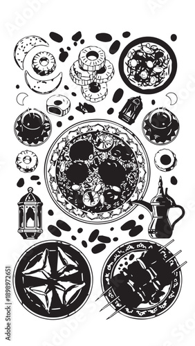 Intricate Monochrome Still Life of Circular Food Plates with Abstract Arrangements.