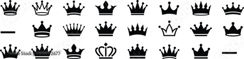 Royal crown icon set with various shapes, elegant monarchy symbols, vintage regal emblems, isolated design elements, flat vector