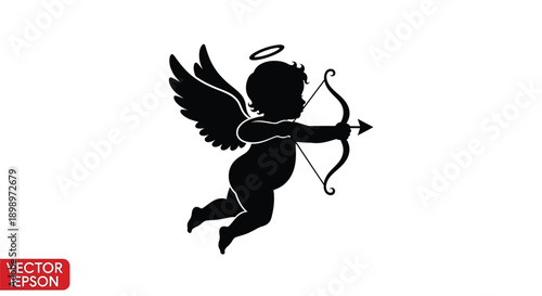 Silhouette of cupid with a bow and arrow wings outstretched