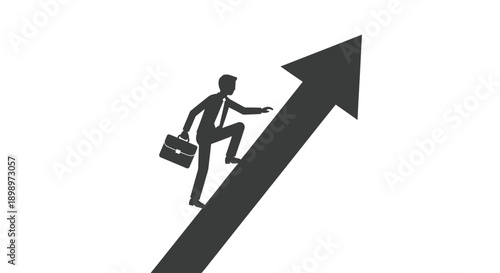 Businessman climbing a large upward pointing arrow symbolizing success