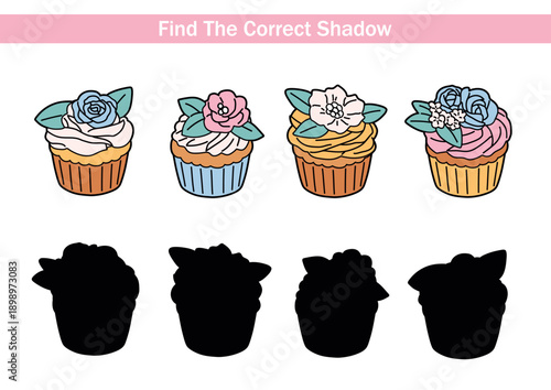Kids educational game find the correct shadow. Cute cupcake illustrations with flowers and matching silhouettes. Printable worksheet for preschool children, kindergarten activities, learning shapes an