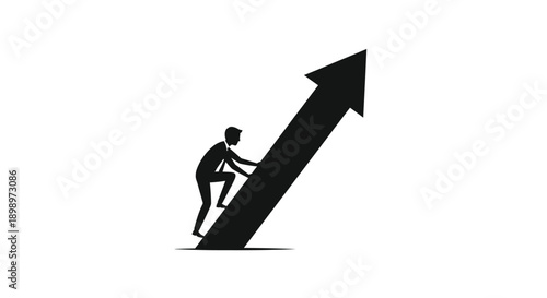 A silhouetted figure struggles to climb a steep upward pointing arrow