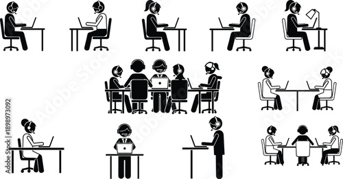 Call center customer support pictogram set showing headset operators, teamwork, communication, online service, business assistance, black vector illustration icons