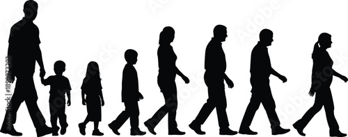 Human life stages silhouette showing children adults and seniors walking together, growth aging concept, family society evolution, black vector illustration