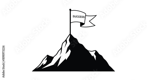 A black and white illustration of a mountain with a success flag on top