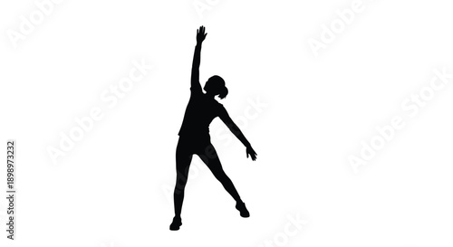 Silhouette of a woman stretching with one arm raised high