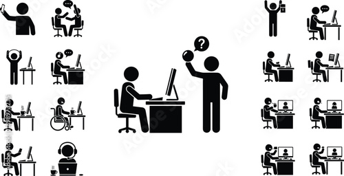 Office work problem and solution pictogram set showing computer tasks, confusion, communication, productivity, business workflow, black vector illustration icons