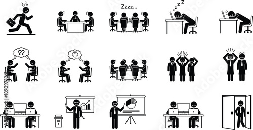 Office work situations pictogram set showing meetings, stress, teamwork, presentations, fatigue, productivity, business problems, black vector illustration icons