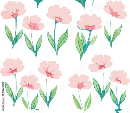 Cute pink flowers seamless pattern, hand painted floral vector illustration for spring, wedding, fabric, wallpaper, and feminine design