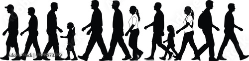 People walking silhouette line showing adults and children together, social diversity, daily movement, crowd lifestyle, black vector illustration isolated