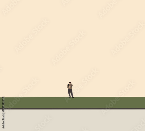 Teenage man calling taxi using smartphone application on city street. Modern minimal Urban lifestyle. 