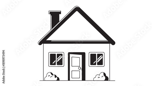 Simple line drawing of a house with roof, door and windows as a minimal architectural icon.