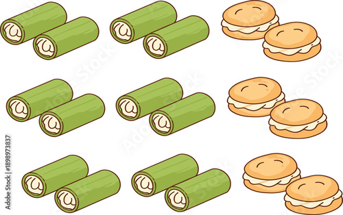 Cute rolled wafer cookies and cream sandwich biscuits seamless pattern, sweet dessert snack vector background for bakery packaging