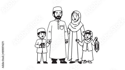 Family portrait of a diverse Muslim family with parents and two children.