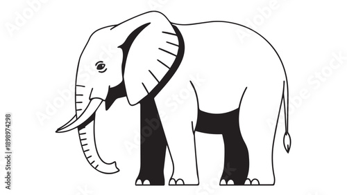 Monochrome illustration of a majestic African elephant with trunk and tusks.